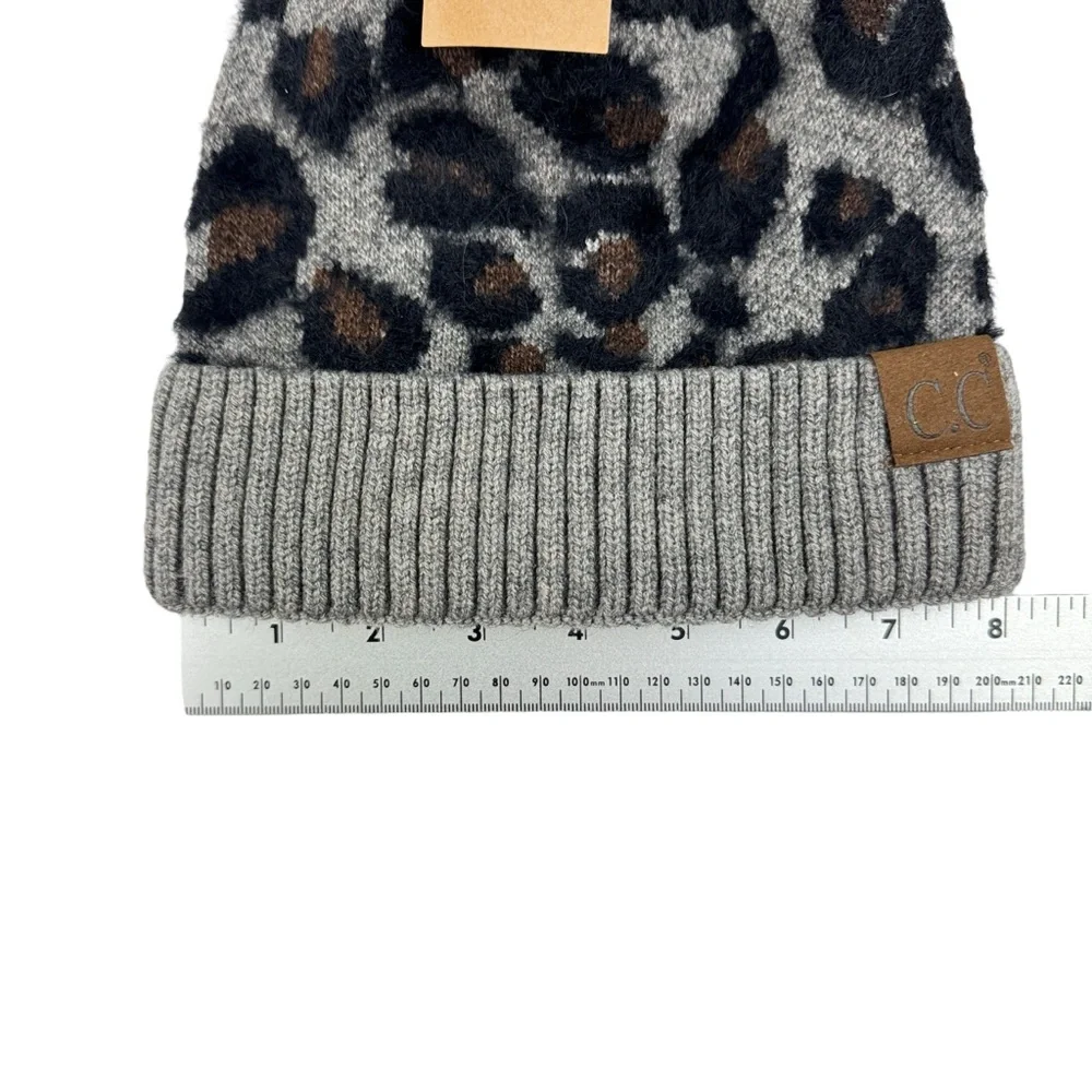 C.C Animal Print Hat Soft‎ Warm Knit Cuff Faux Fur Pom Beanie Leopard Print Kids